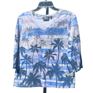 ONQUE CASUAL Large Palm Tree Print with Sequins Top Pit to Pit 20"